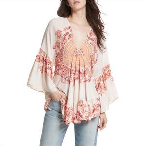 Free People Cream and Red Floral Blouse